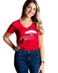 Women's organic red short sleeve t-shirt with white Ungalli logo on front
