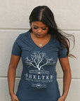Organic blue short sleeve women's shirt with 'shelter' logo