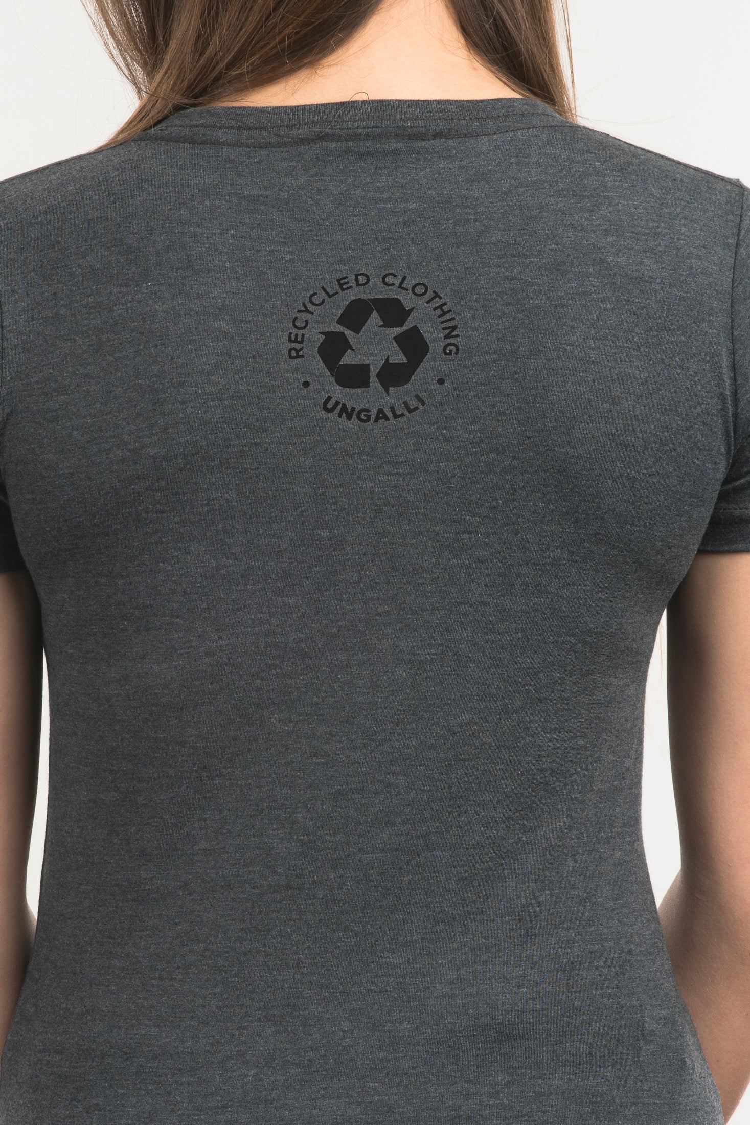 Women's recycled short sleeve grey t-shirt with black Ungalli logo on front