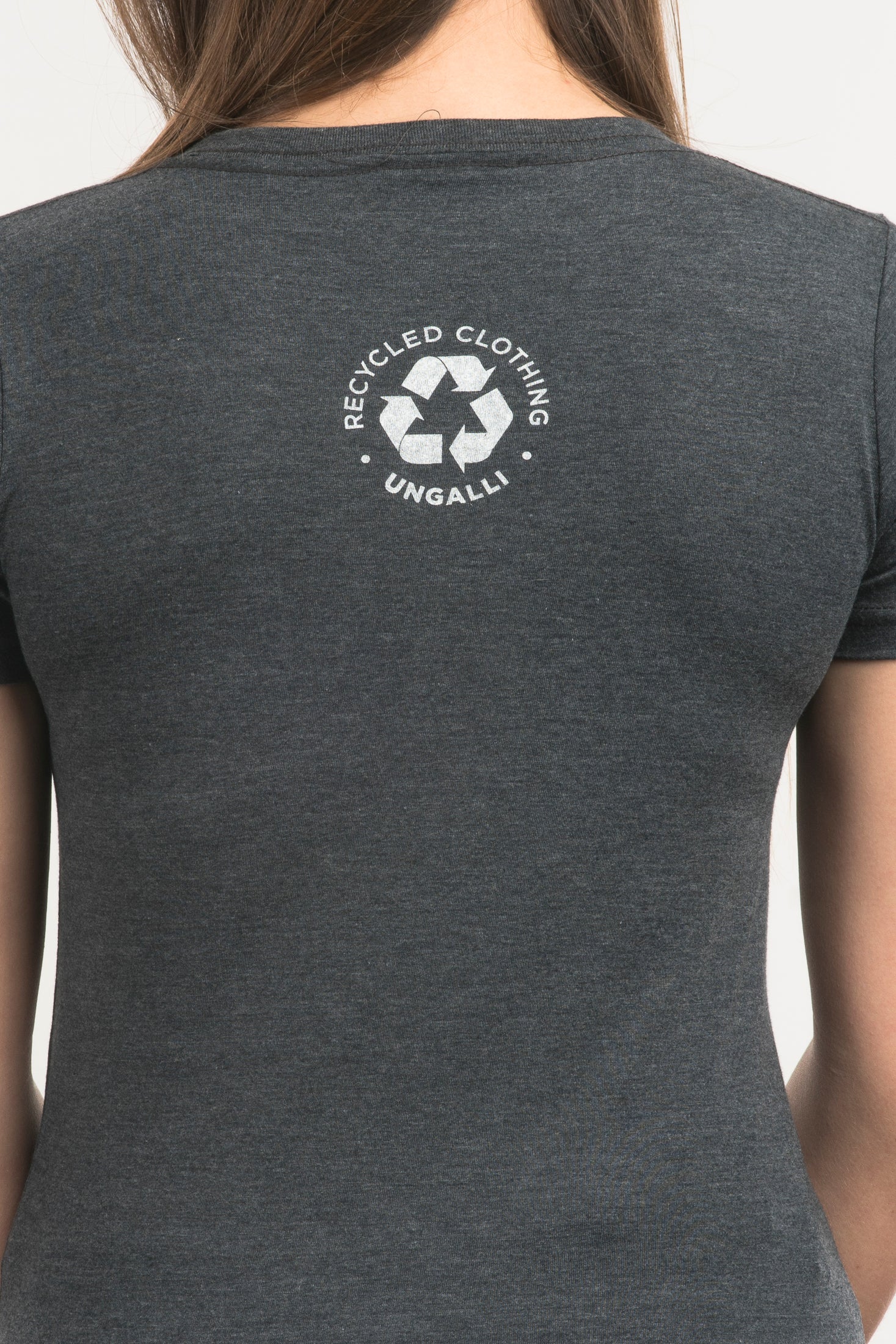 Women's short sleeve grey organic t-shirt with white text on front that reads: "The smell of lake the feel of the woods"