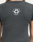 Women's short sleeve grey organic t-shirt with white text on front that reads: "The smell of lake the feel of the woods"
