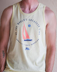 Men's yellow ethically made tank top with sail boat 'greatest lake' design on front