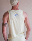 Men's yellow ethically made tank top with sail boat 'greatest lake' design on front