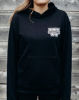Unisex sustainably made black hoodie with white 'westfort' logo