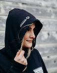 Unisex sustainably made black hoodie with white 'westfort' logo
