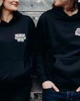 Unisex sustainably made black hoodie with white 'westfort' logo