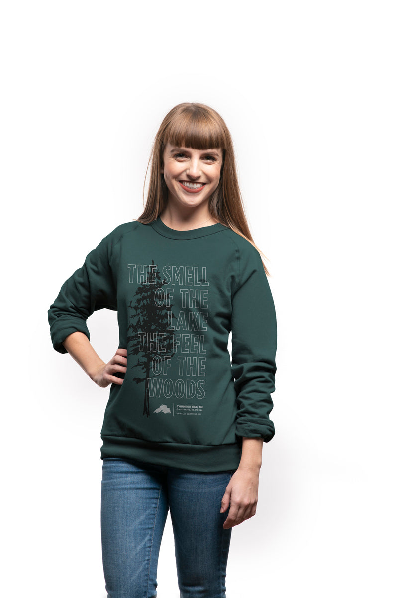 Organically made green unisex crew neck pull over sweater with white text