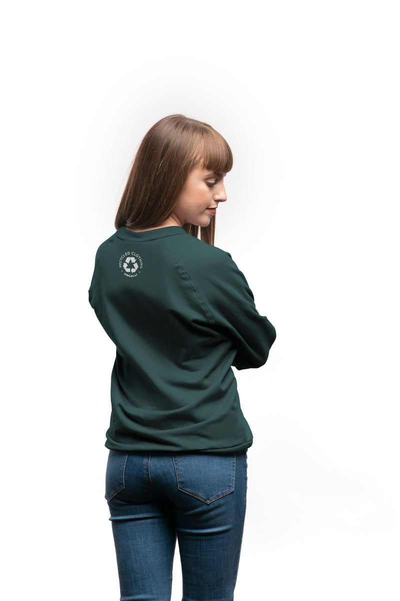 Organically made green unisex crew neck pull over sweater with white text