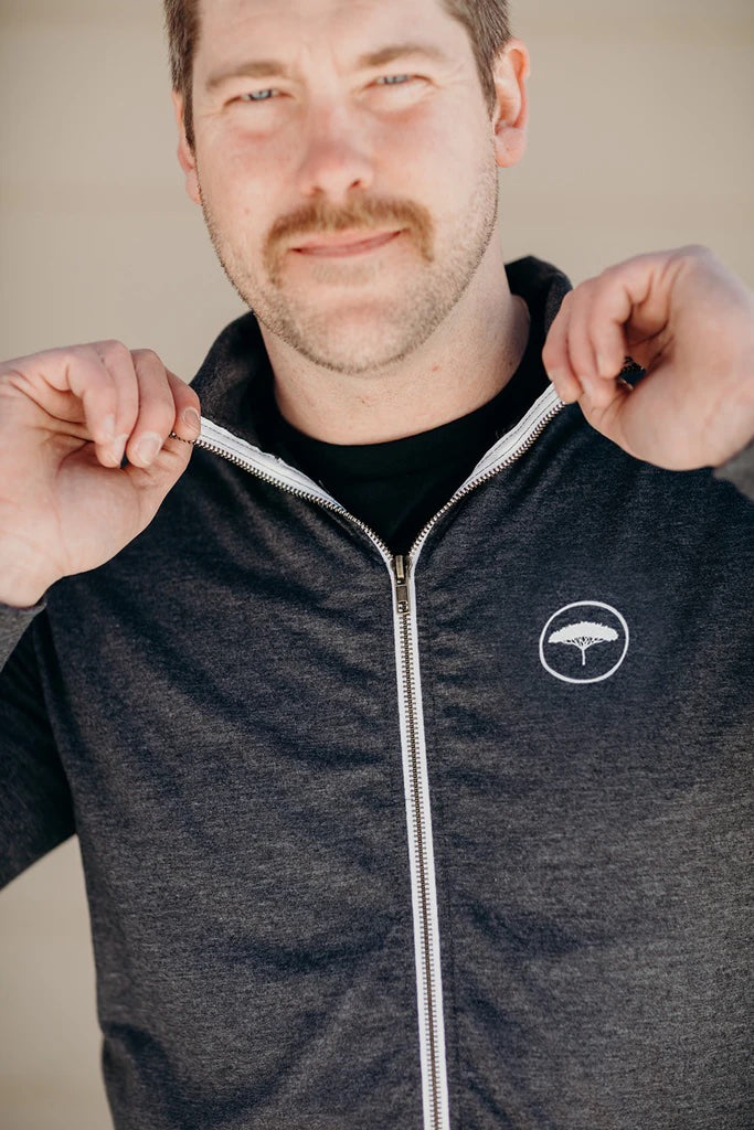 Organic grey unisex zip up light weight sweater with white details