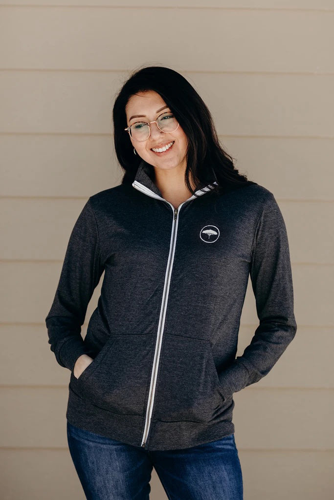 Organic grey unisex zip up light weight sweater with white details