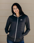 Organic grey unisex zip up light weight sweater with white details