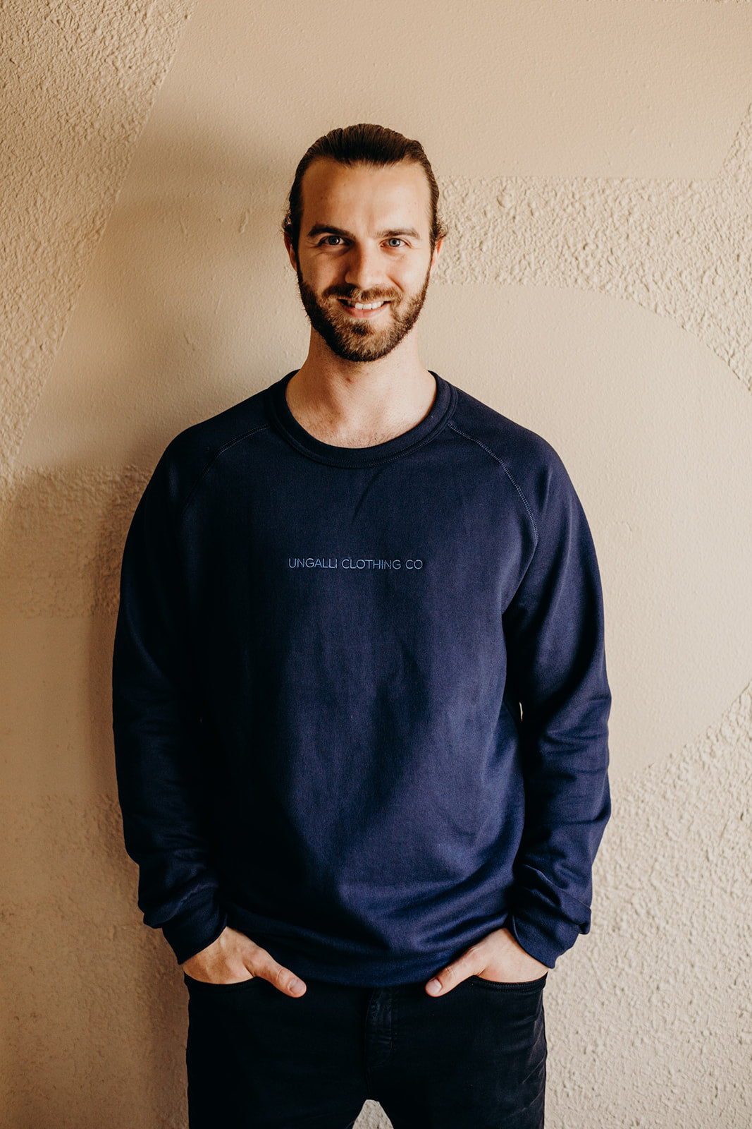 Organic unisex crew neck pullover hoodie in navy