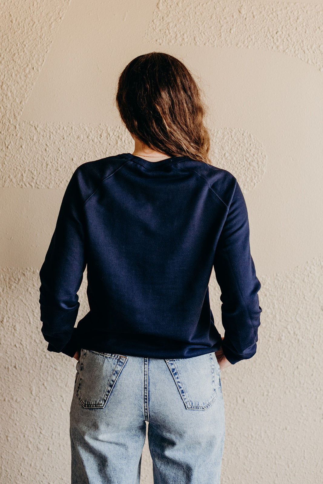 Organic unisex crew neck pullover hoodie in navy