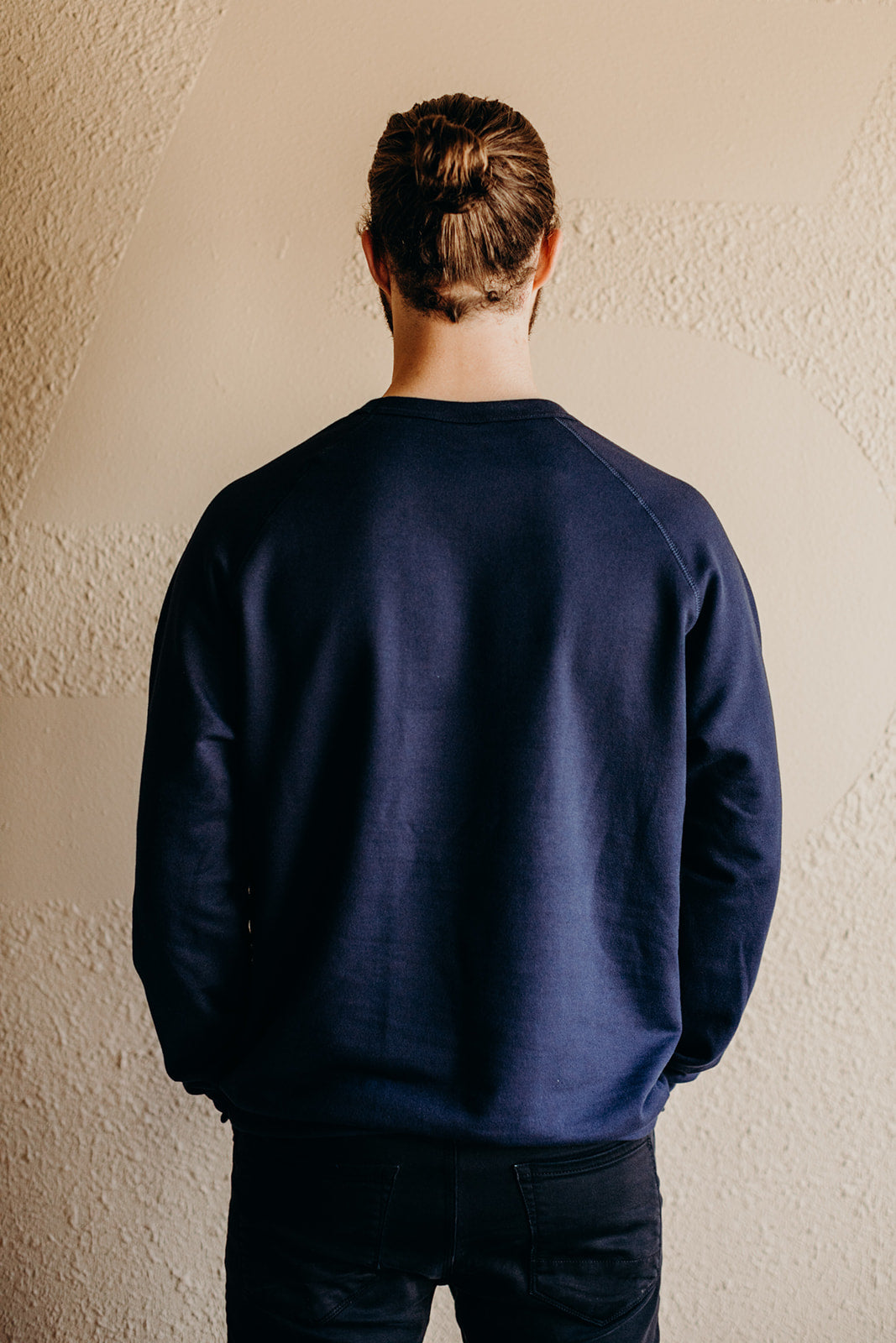 Organic unisex crew neck pullover hoodie in navy