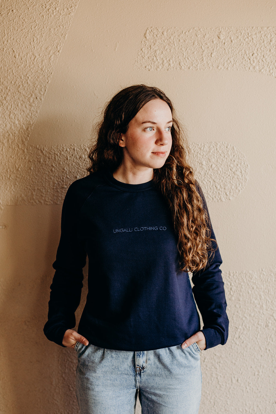 Organic unisex crew neck pullover hoodie in navy