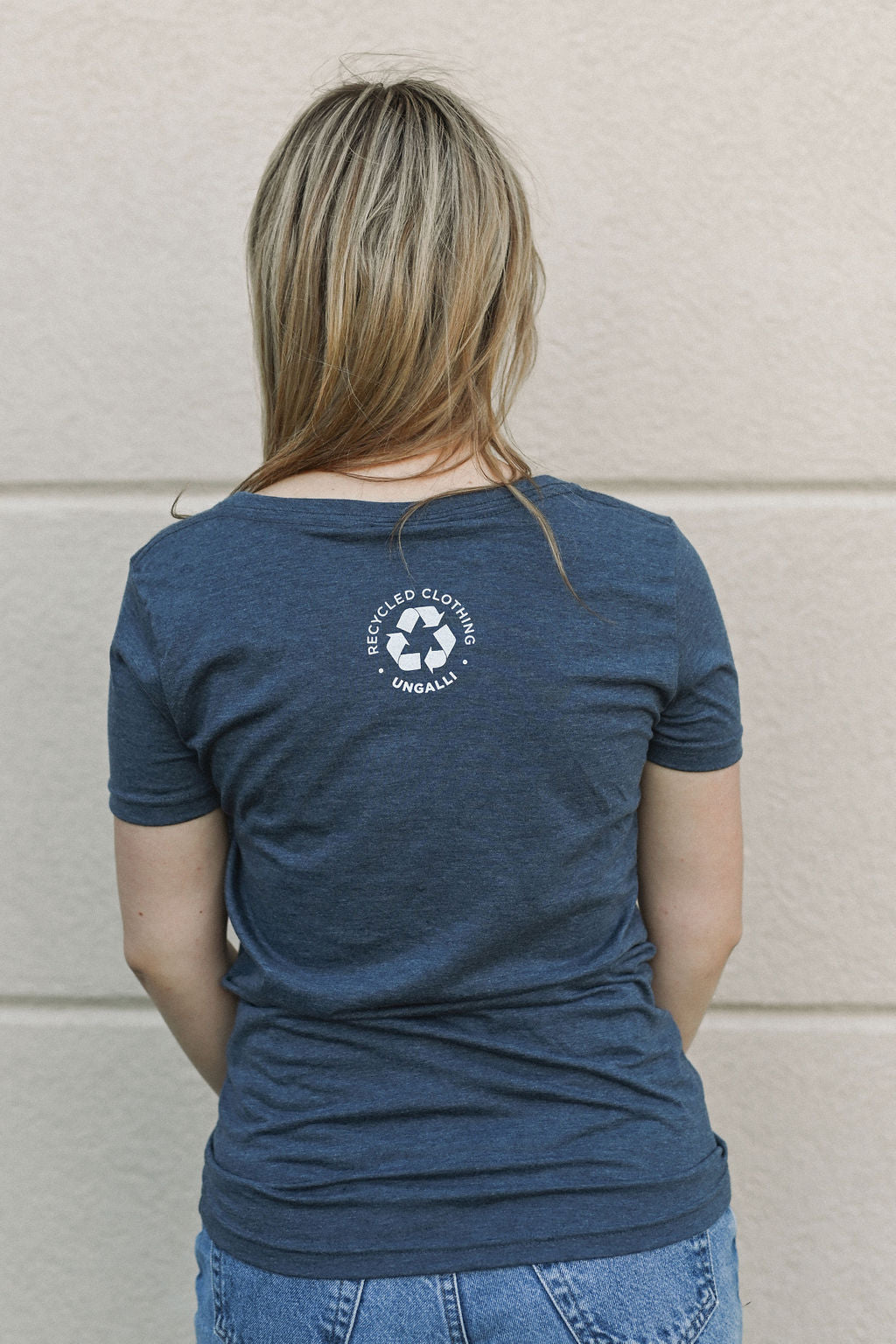 Women's blue recycled v neck t-shirt with white Lake Superior logo