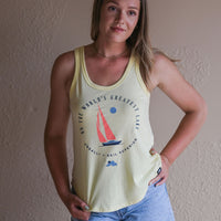 Women's ethically made 'Greatest Lake' yellow tank top with boat design