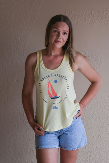 Women's ethically made 'Greatest Lake' yellow tank top with boat design
