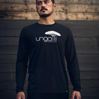 Men's (unisex) sustainable long sleeve black shirt with white Ungalli logo on front