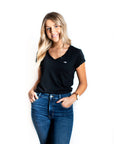 Women's ethically made short sleeve black t-shirt with small Ungalli logo