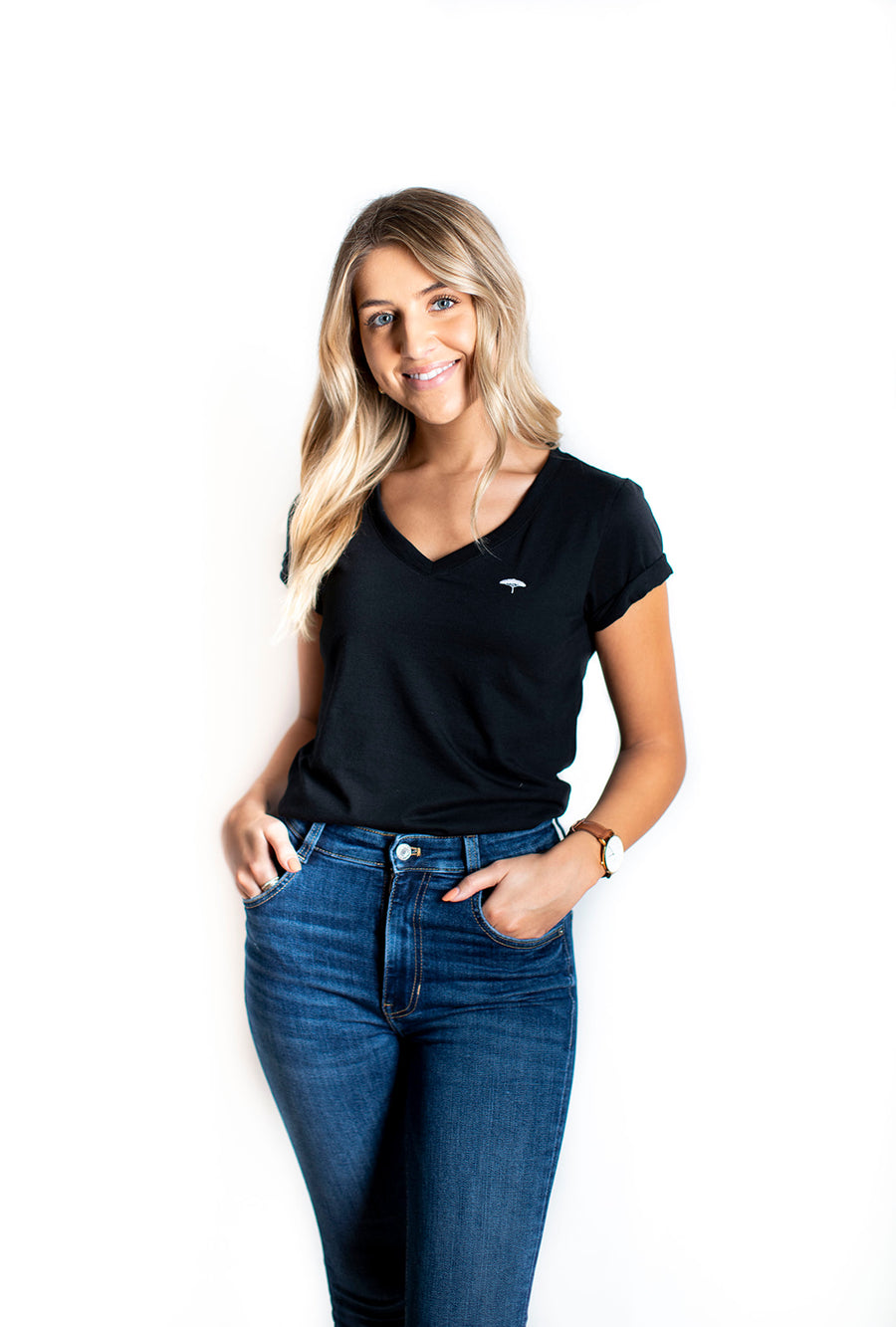 Women's ethically made short sleeve black t-shirt with small Ungalli logo