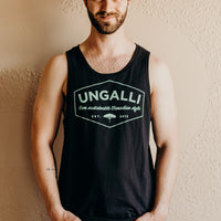 Men's recycled black tank top with mint green Ungalli design on front