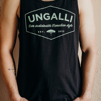 Men's recycled black tank top with mint green Ungalli design on front
