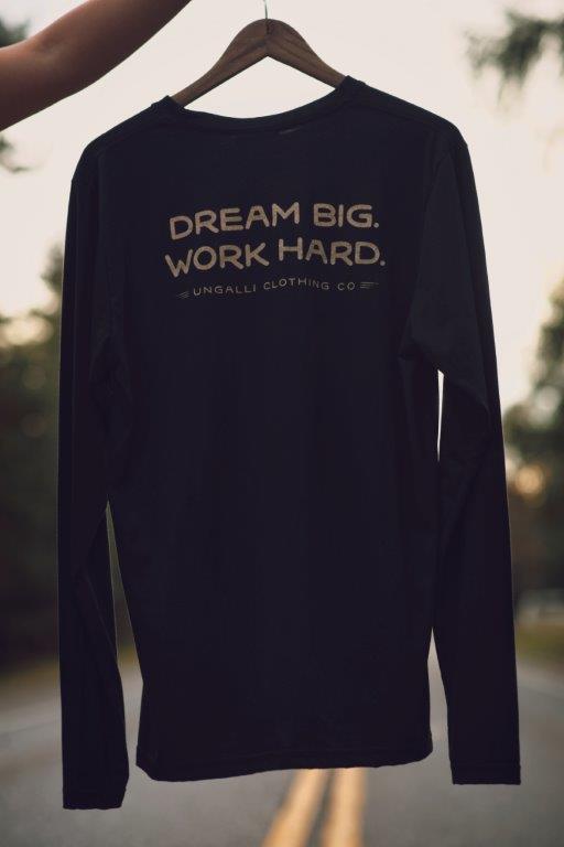 Black organic long sleeve unisex shirt with text that reads: "Dream big. Work hard." on the back