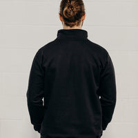 Unisex ethically made black 1/4 zip sweater with small white Ungalli tree on front