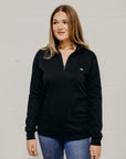 Unisex ethically made black 1/4 zip sweater with small white Ungalli tree on front