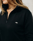 Unisex ethically made black 1/4 zip sweater with small white Ungalli tree on front