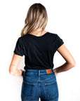 Women's ethically made short sleeve black t-shirt with small Ungalli logo