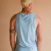 Light blue men's tank top with but Ungalli logo across front