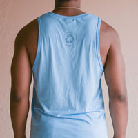 Men's organic light blue tank top with sail boat 'greatest lake' design on front