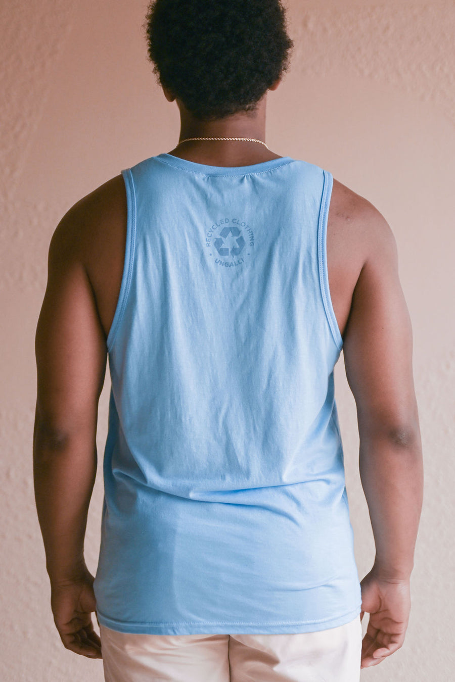 Men's organic light blue tank top with sail boat 'greatest lake' design on front