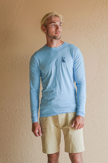 Unisex organic Lake Superior long sleeve light blue shirt with boat logo and text