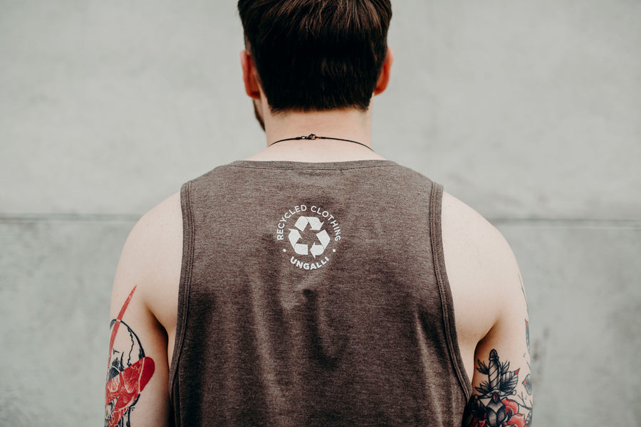 Ethically made mens brown tank top with white wood grain design on front