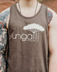 Men's organic brown tank top with white Ungalli logo across front
