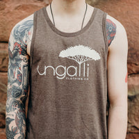 Men's organic brown tank top with white Ungalli logo across front
