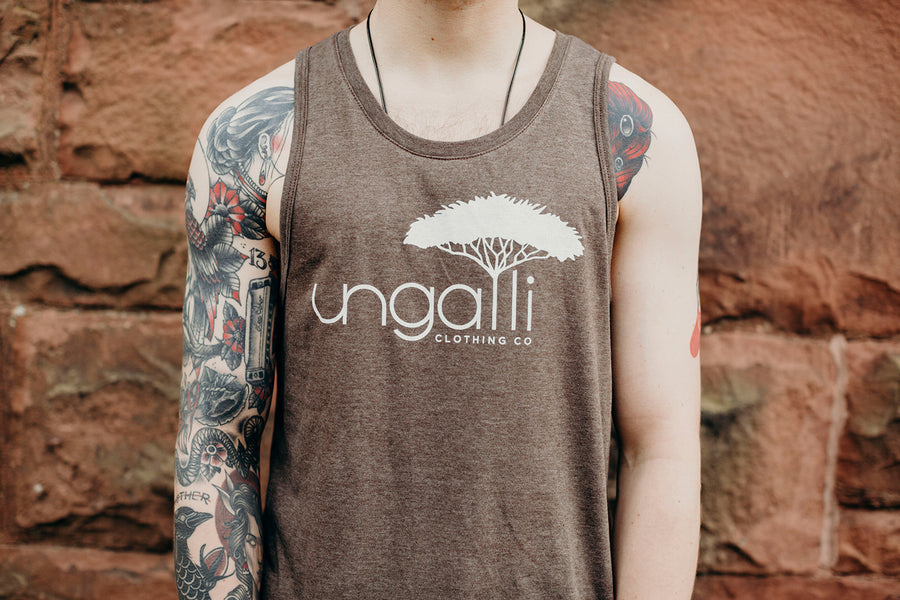 Men's organic brown tank top with white Ungalli logo across front