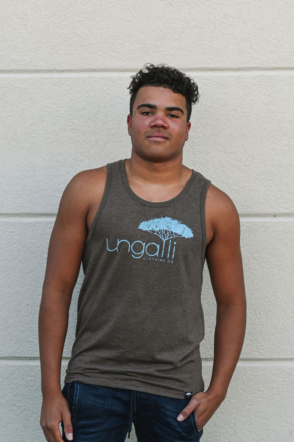 Brown men's organic tank top with blue Ungalli logo across front