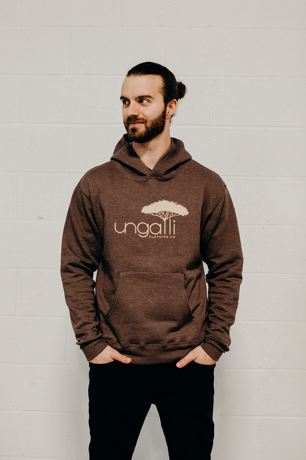 Brown ethically made unisex pull over hoodie with beige Ungalli logo