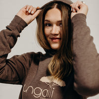 Brown ethically made unisex pull over hoodie with beige Ungalli logo