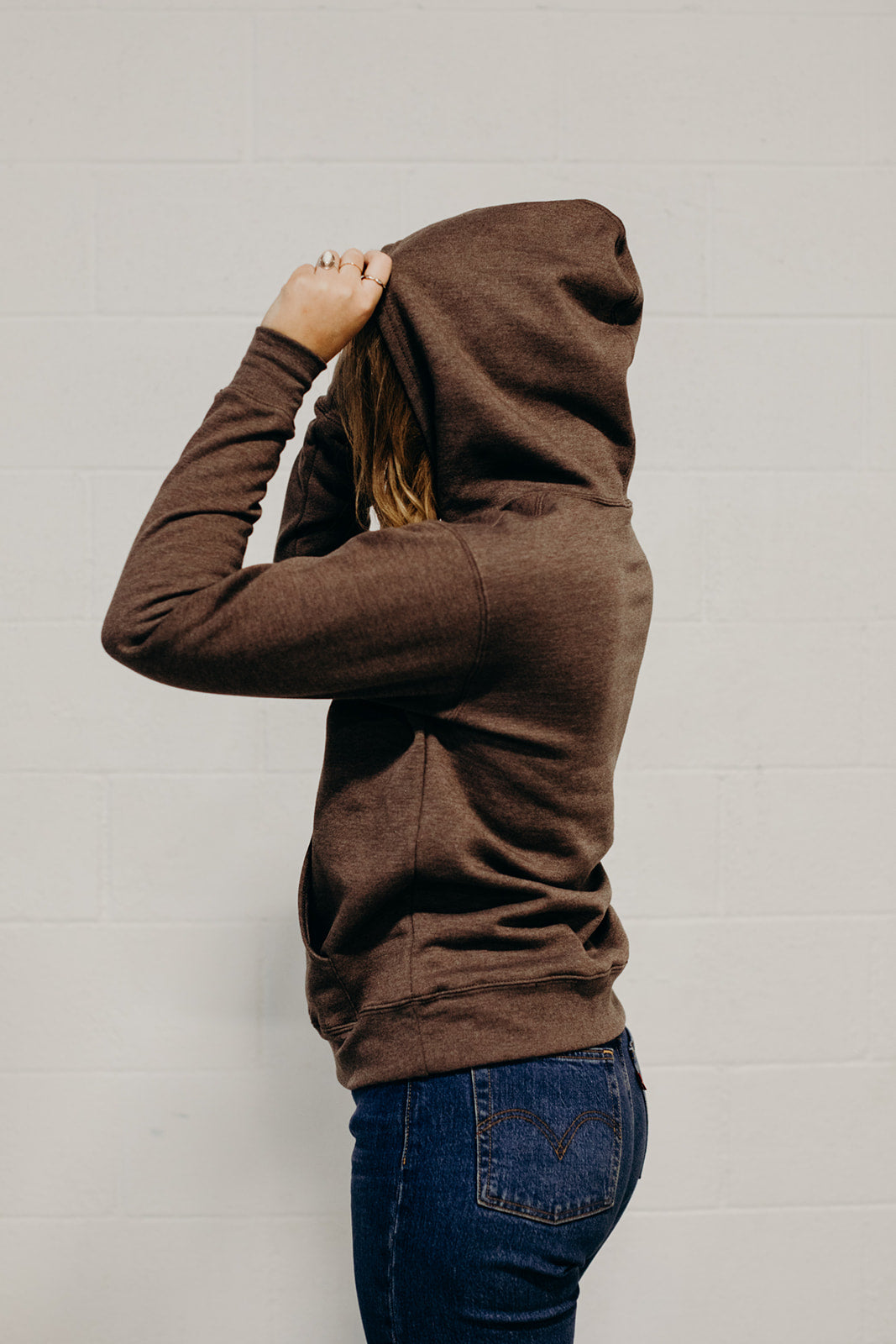 Brown ethically made unisex pull over hoodie with beige Ungalli logo