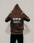 Brown organic unisex zip up hoodie with multi coloured  'Nanabijou' design and white text