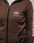 Brown organic unisex zip up hoodie with multi coloured  'Nanabijou' design and white text