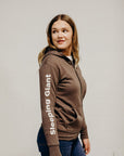 Brown organic unisex zip up hoodie with multi coloured  'Nanabijou' design and white text