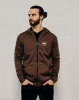 Brown organic unisex zip up hoodie with multi coloured  'Nanabijou' design and white text