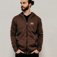 Brown organic unisex zip up hoodie with multi coloured  'Nanabijou' design and white text