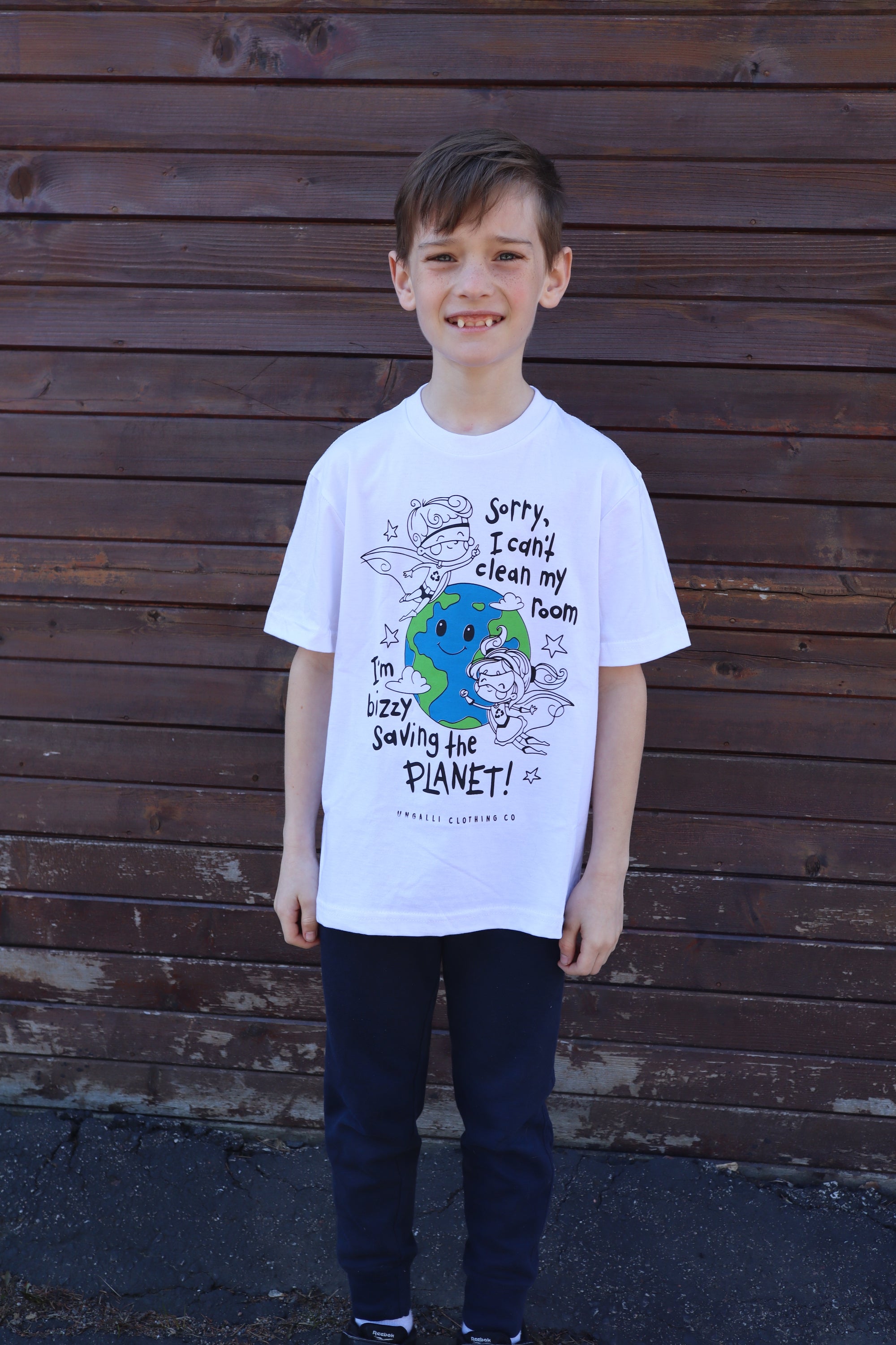 Children's sustainably made white t-shirt with earth design and text on front